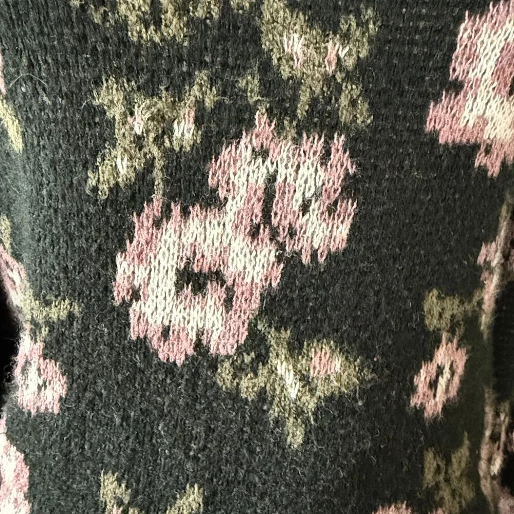 Anthropologie black bishop sleeve sweater medium rose floral dark feminine